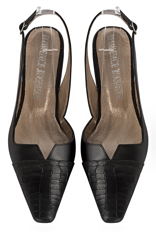 Satin black women's open back shoes, with a knot. Tapered toe. Low block heels. Top view - Florence KOOIJMAN